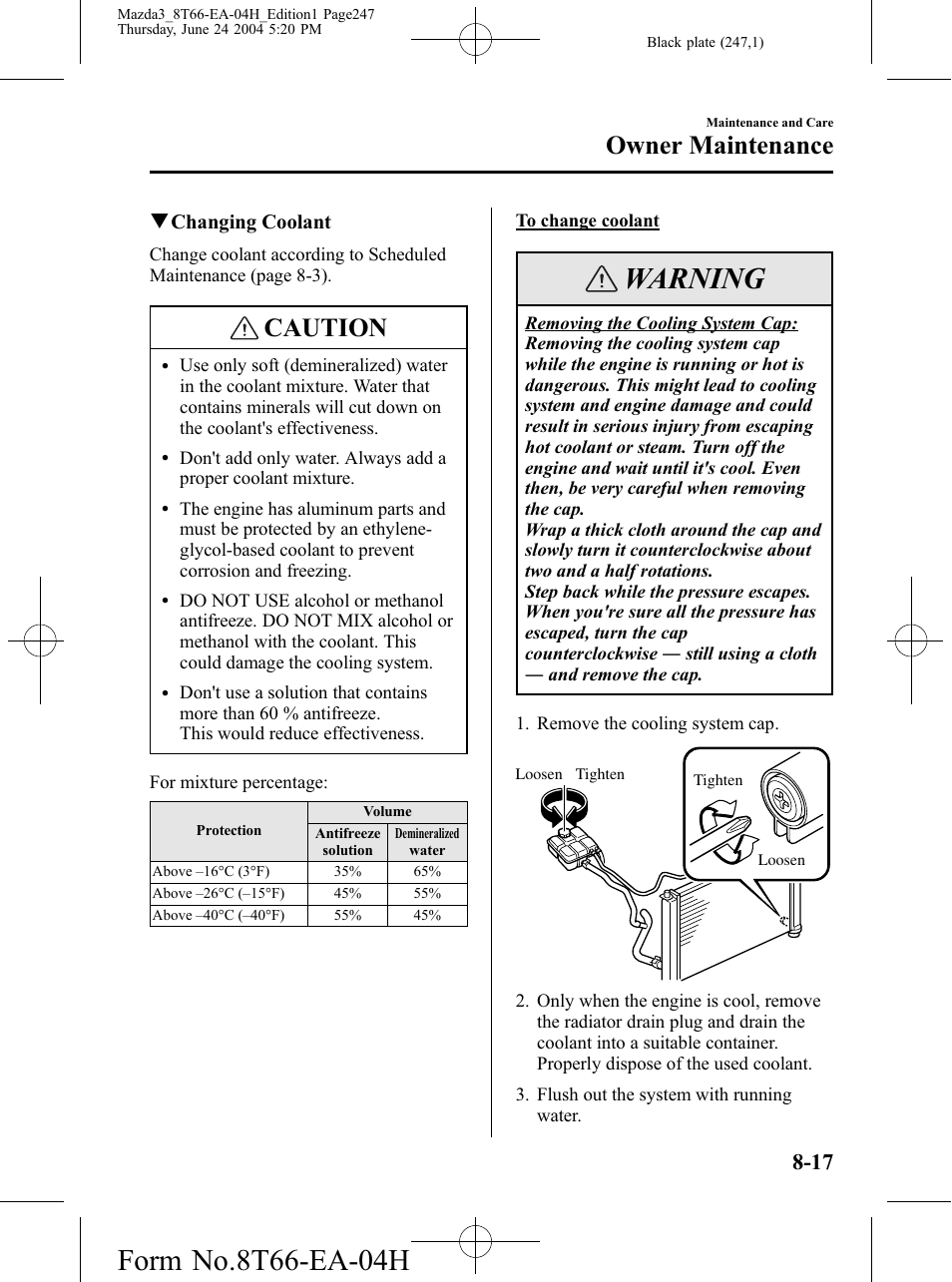 Warning, Caution, Owner maintenance | Mazda 2005 3 4-DOOR User Manual | Page 247 / 322