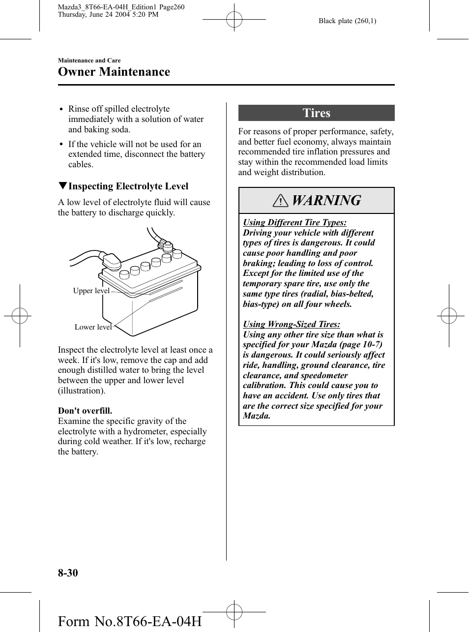 Tires, Tires -30, Warning | Owner maintenance | Mazda 2005 3 4-DOOR User Manual | Page 260 / 322