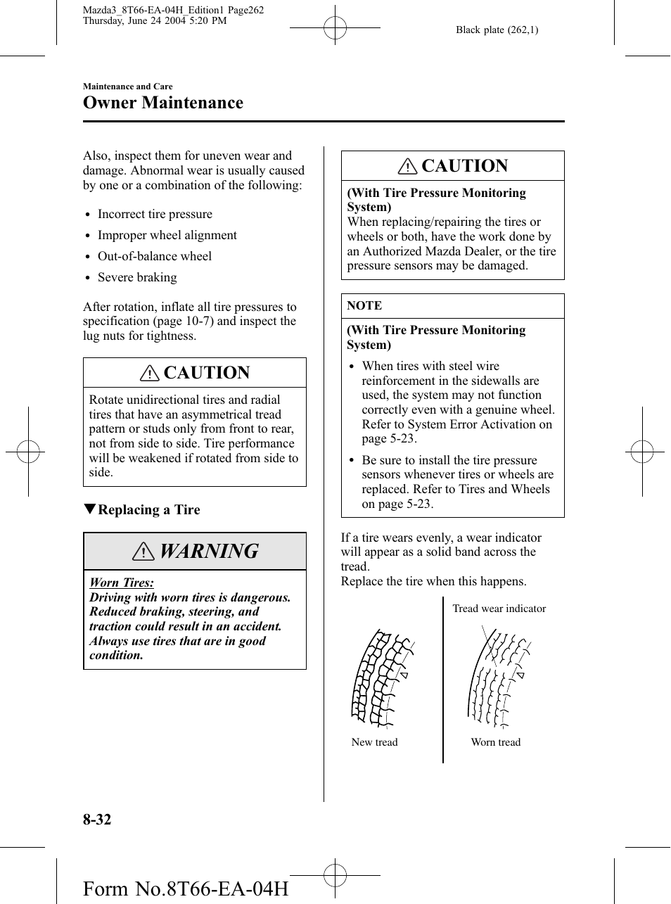 Warning, Caution, Owner maintenance | Mazda 2005 3 4-DOOR User Manual | Page 262 / 322