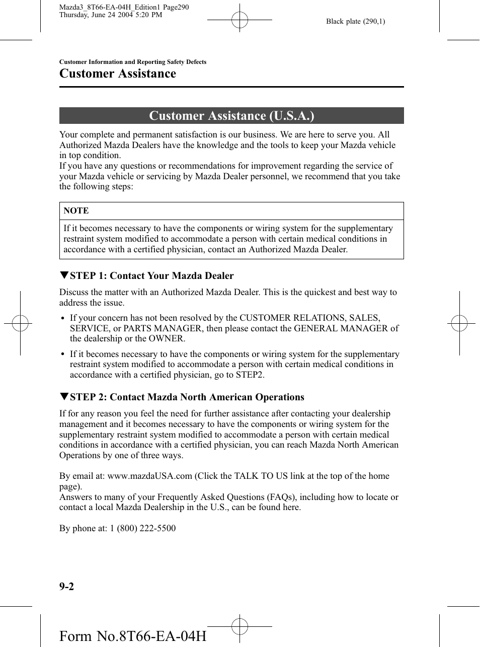 Customer assistance, Customer assistance (u.s.a.), Customer assistance -2 | Customer assistance (u.s.a.) -2 | Mazda 2005 3 4-DOOR User Manual | Page 290 / 322