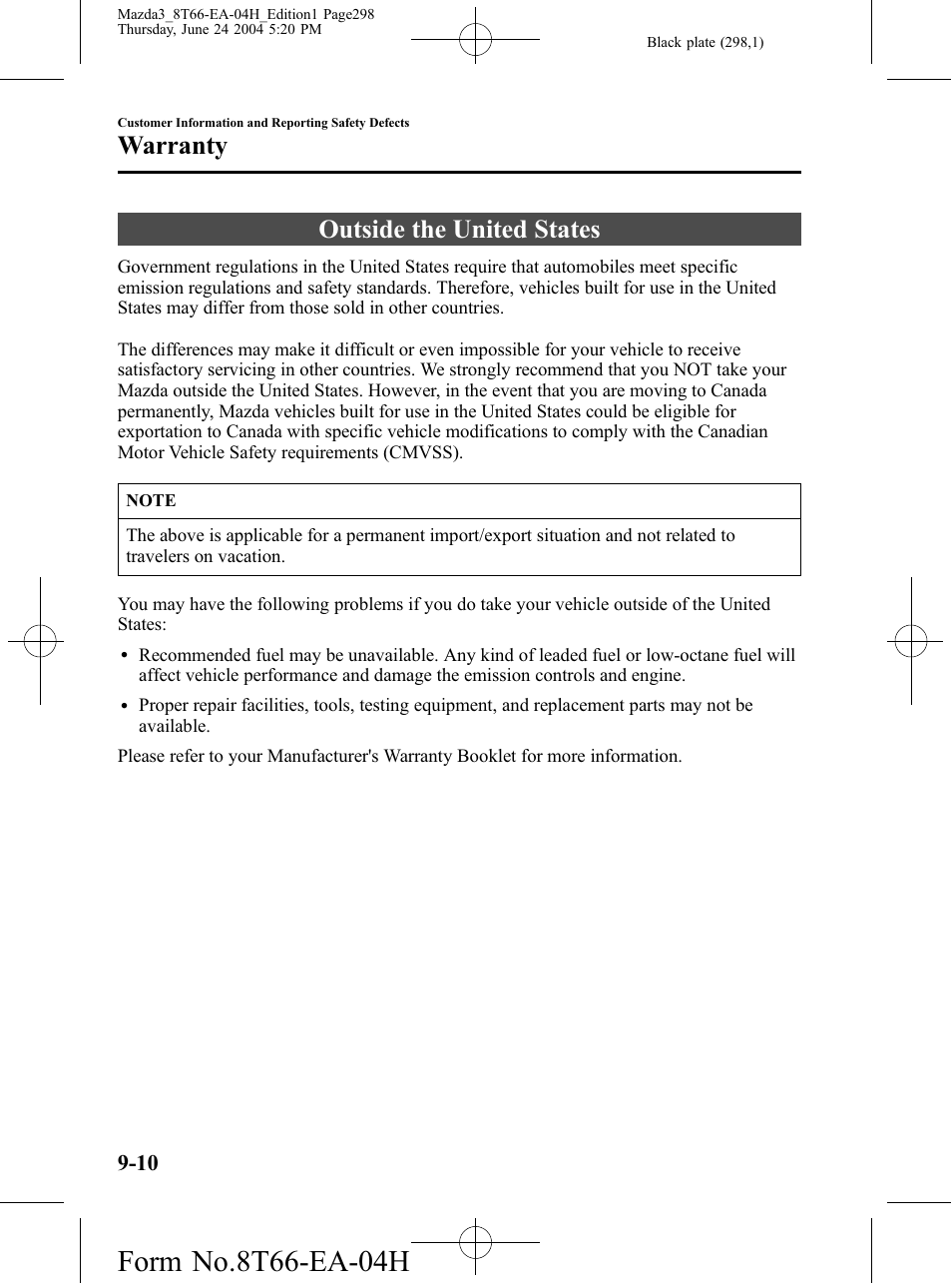 Outside the united states, Outside the united states -10, Warranty | Mazda 2005 3 4-DOOR User Manual | Page 298 / 322
