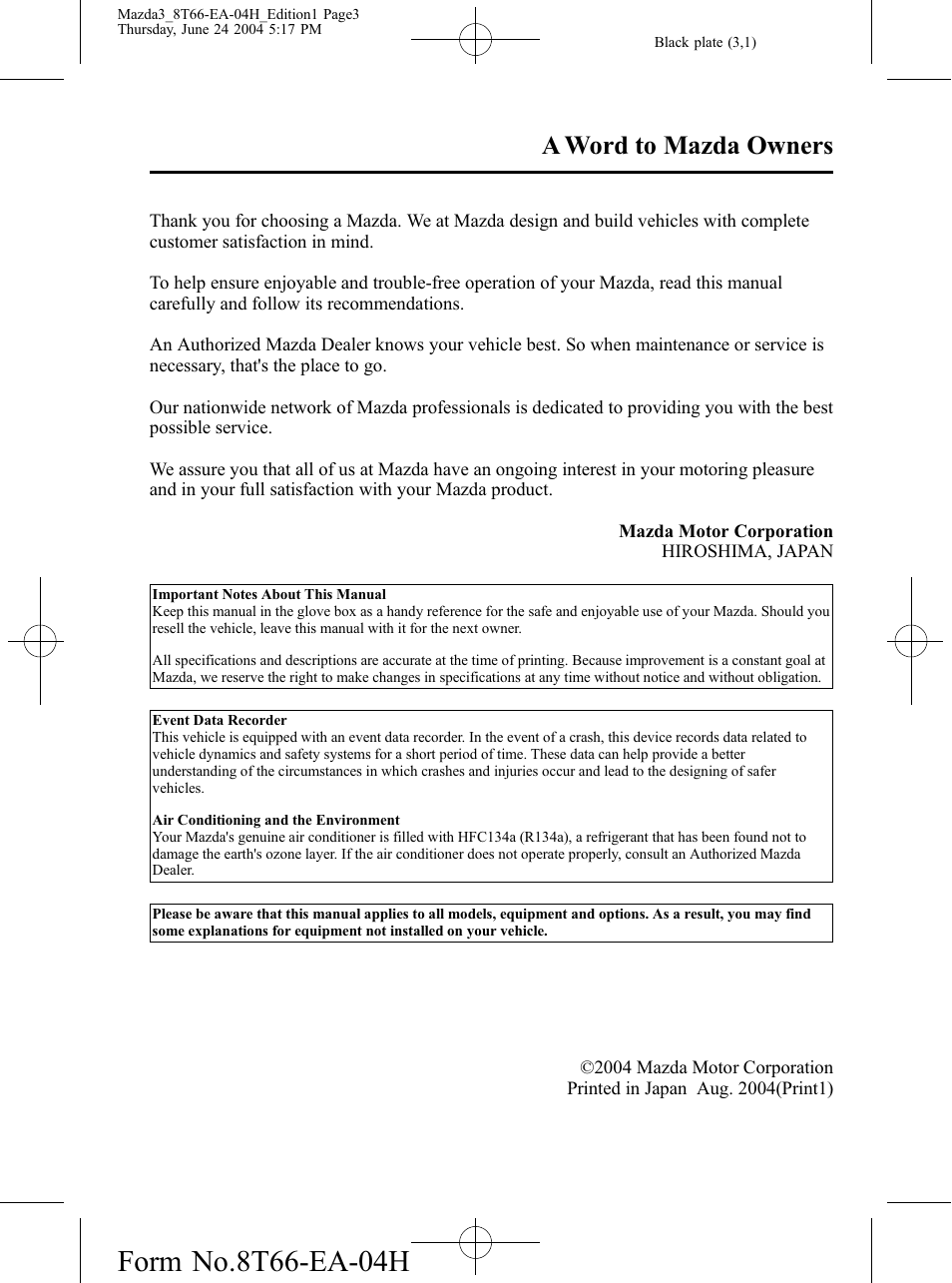 A word to mazda owners, No m-title | Mazda 2005 3 4-DOOR User Manual | Page 3 / 322