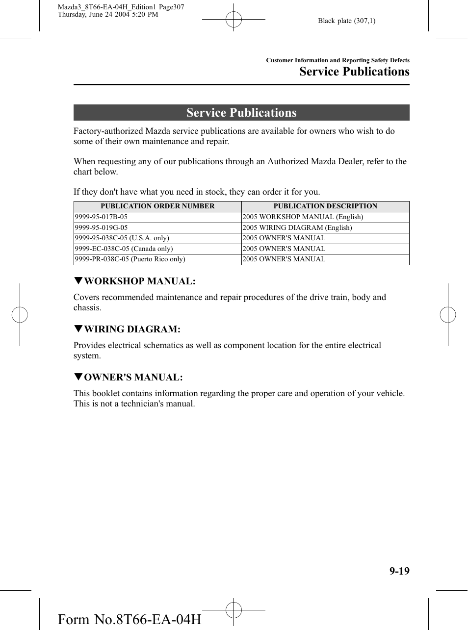 Service publications, Service publications -19 | Mazda 2005 3 4-DOOR User Manual | Page 307 / 322