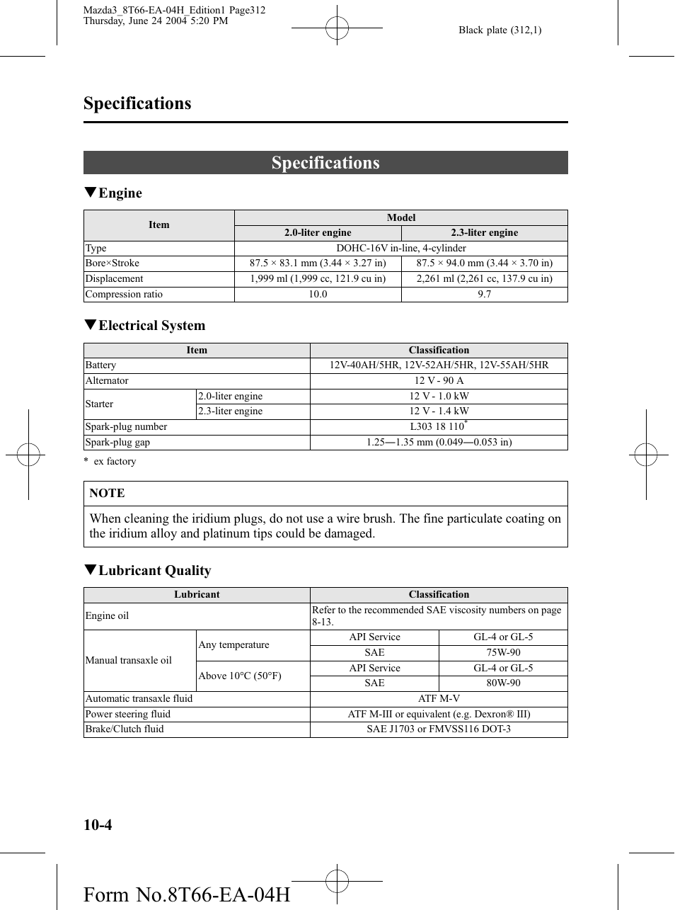 Specifications, Specifications -4, Qengine | Qelectrical system, Qlubricant quality | Mazda 2005 3 4-DOOR User Manual | Page 312 / 322
