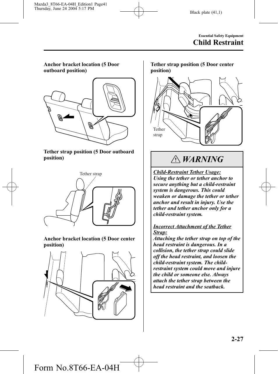 Warning, Child restraint | Mazda 2005 3 4-DOOR User Manual | Page 41 / 322