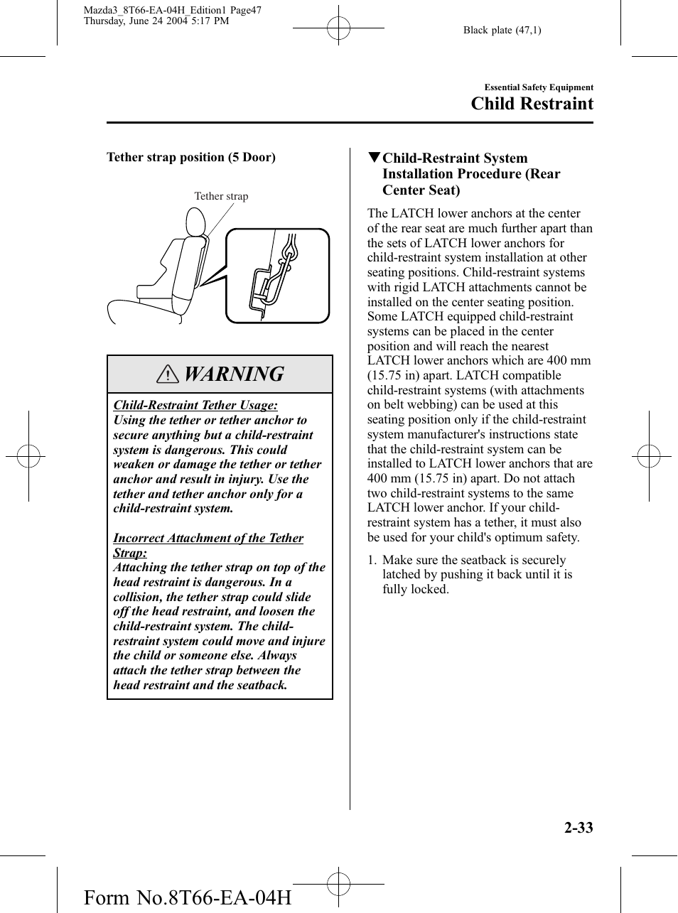 Warning, Child restraint | Mazda 2005 3 4-DOOR User Manual | Page 47 / 322