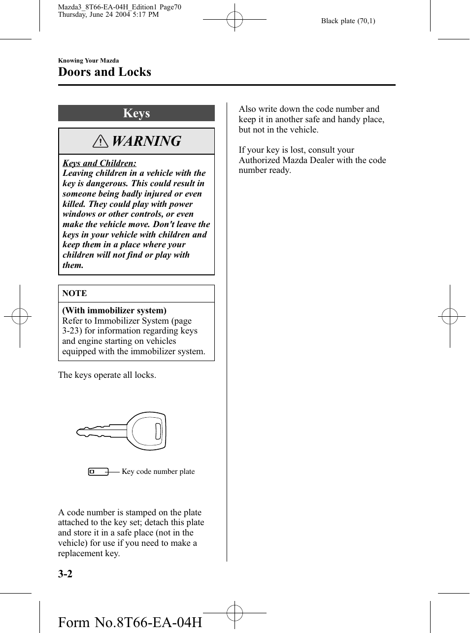 Doors and locks, Keys, Doors and locks -2 | Keys -2, Warning | Mazda 2005 3 4-DOOR User Manual | Page 70 / 322