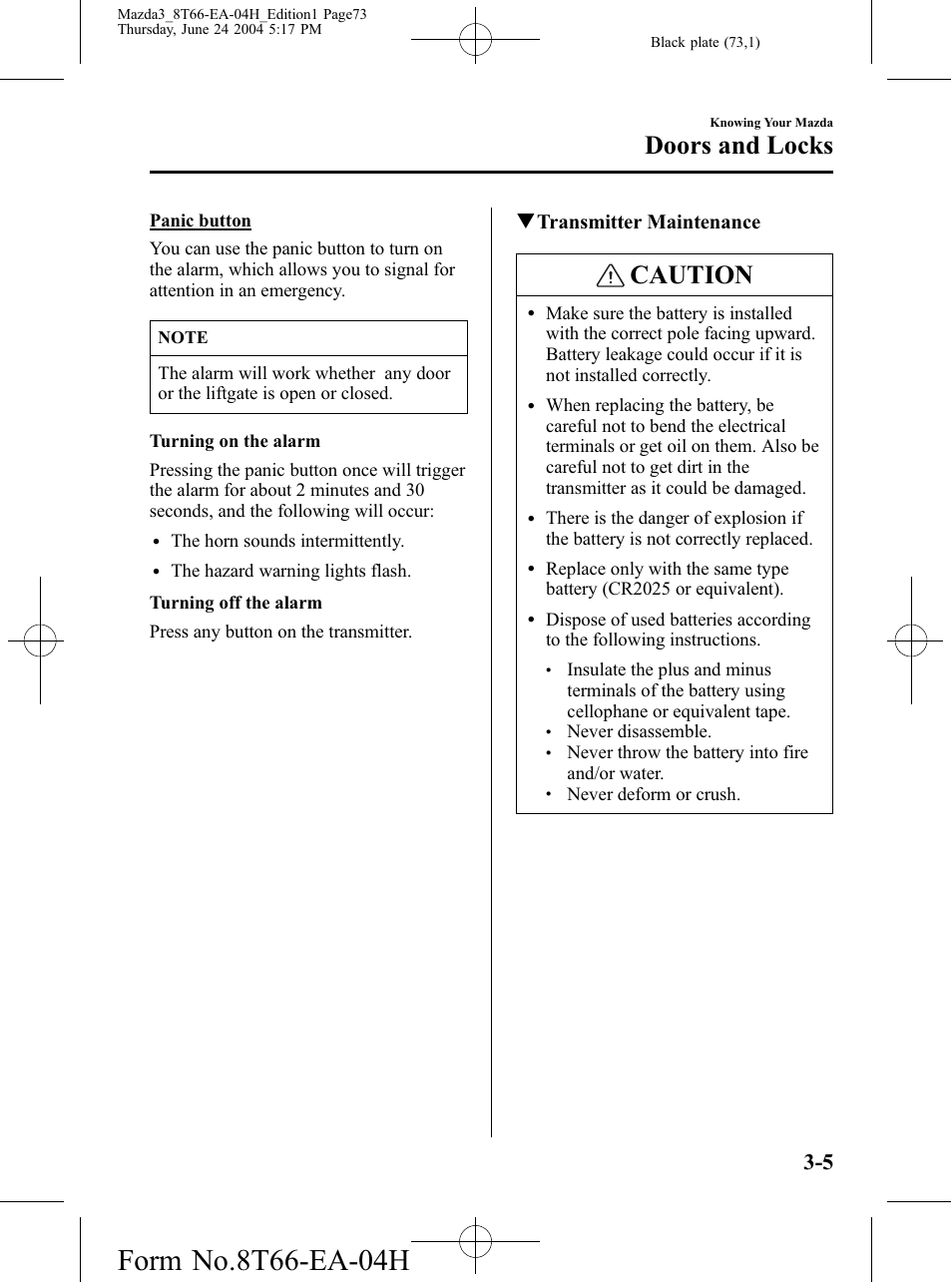 Caution, Doors and locks, Qtransmitter maintenance | Mazda 2005 3 4-DOOR User Manual | Page 73 / 322