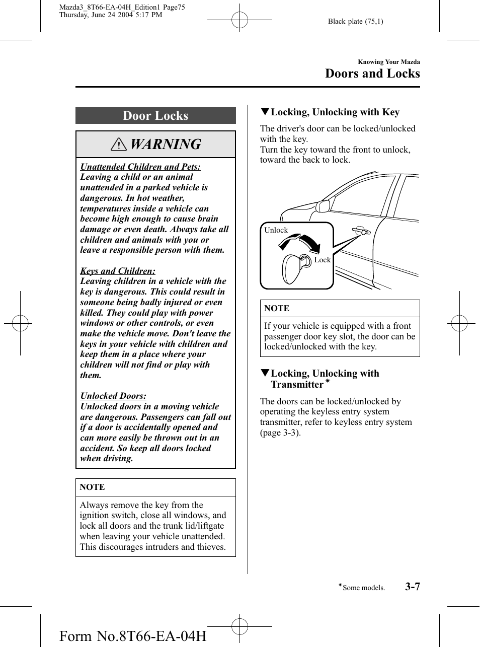 Door locks, Door locks -7, Warning | Doors and locks | Mazda 2005 3 4-DOOR User Manual | Page 75 / 322