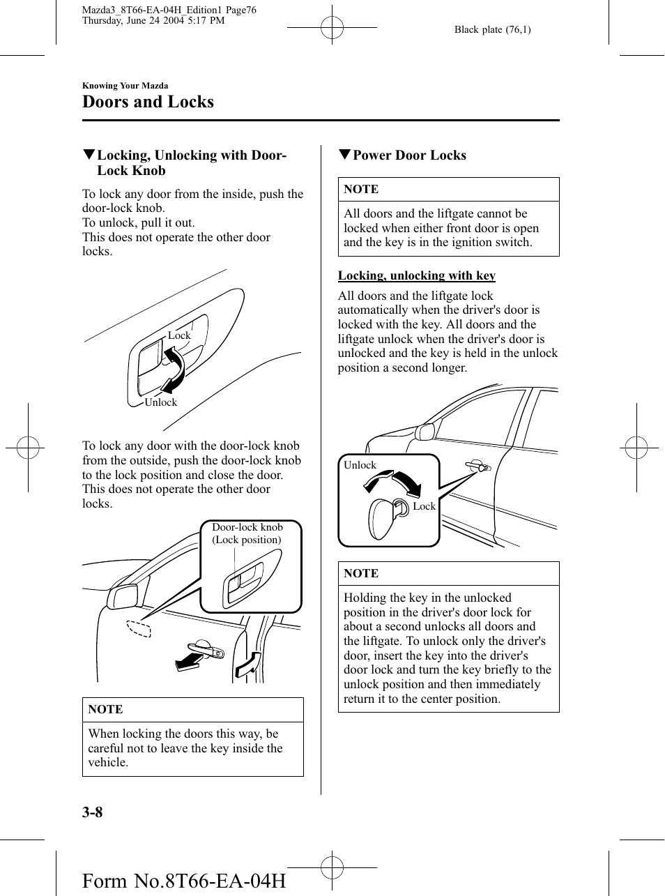 Doors and locks | Mazda 2005 3 4-DOOR User Manual | Page 76 / 322