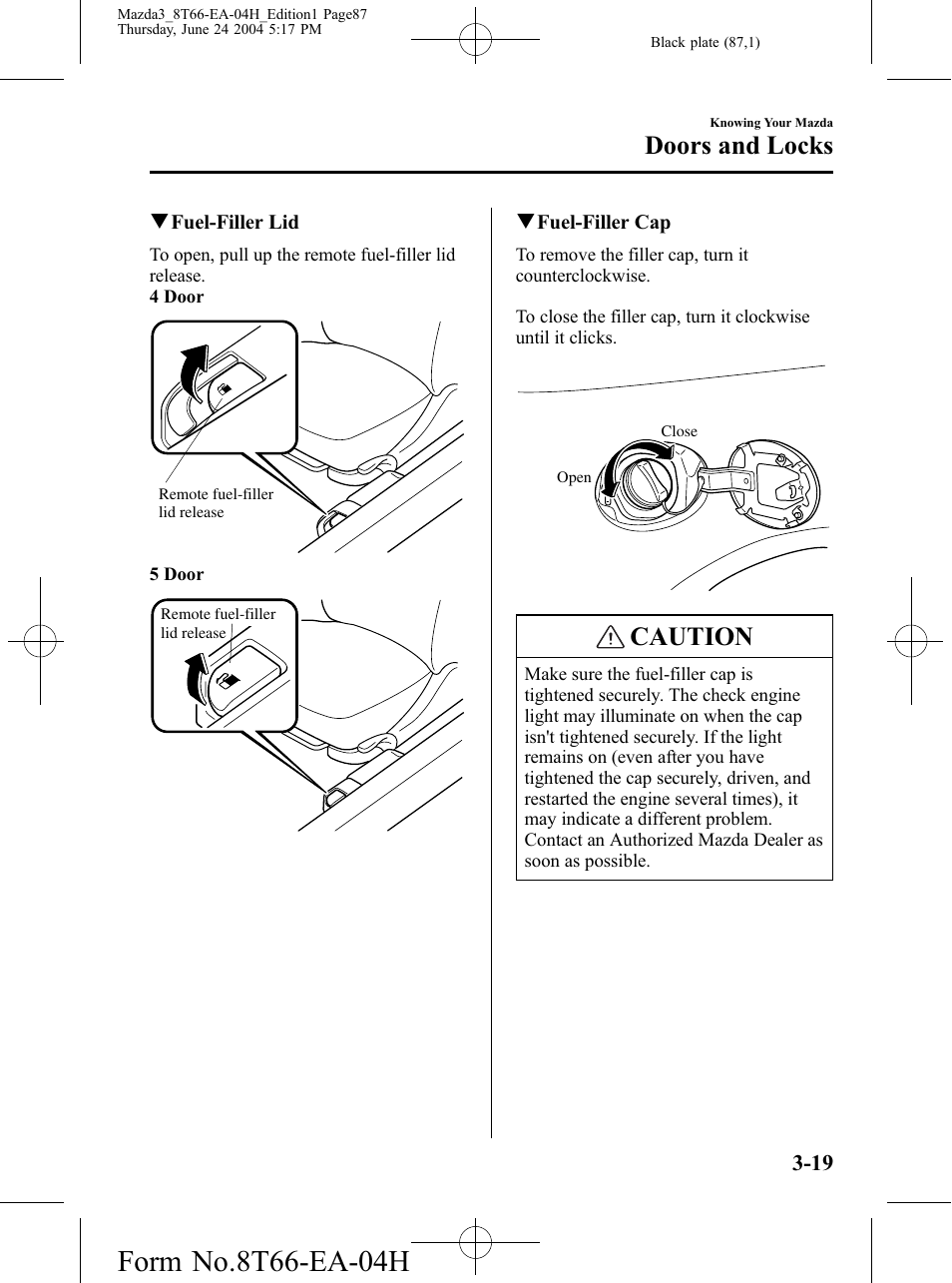 Caution, Doors and locks | Mazda 2005 3 4-DOOR User Manual | Page 87 / 322