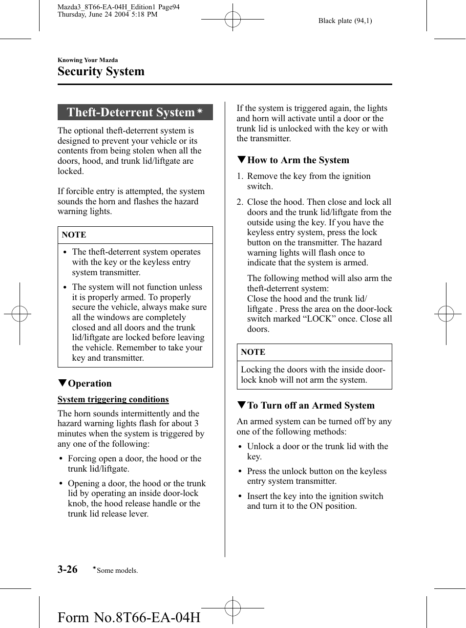 Theft-deterrent system, Security system | Mazda 2005 3 4-DOOR User Manual | Page 94 / 322