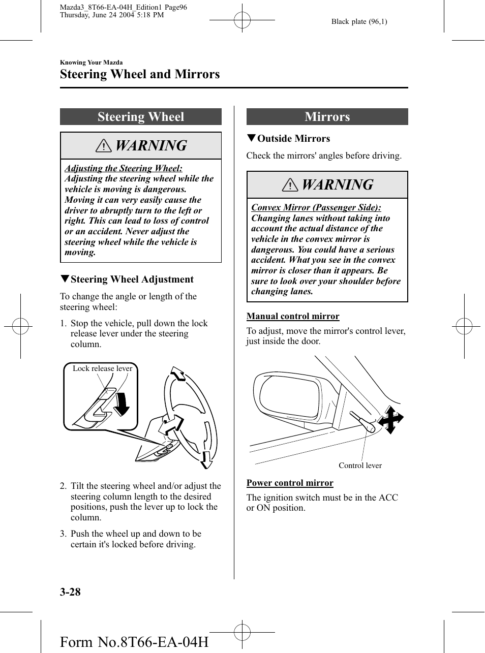 Steering wheel and mirrors, Steering wheel, Mirrors | Steering wheel and mirrors -28, Steering wheel -28 mirrors -28, Warning | Mazda 2005 3 4-DOOR User Manual | Page 96 / 322