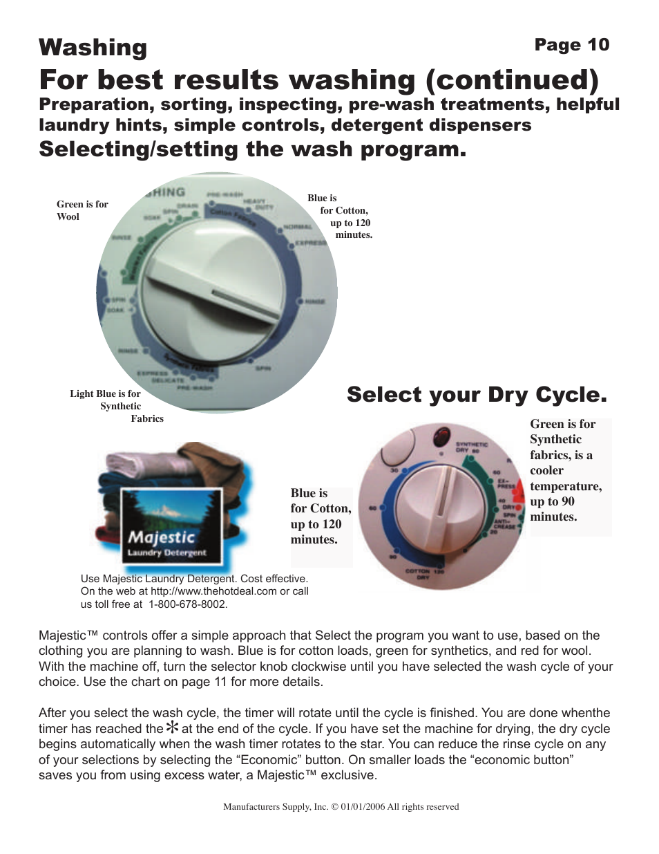 For best results washing (continued), Washing, Page 10 | Majestic Appliances MJ-9900 User Manual | Page 10 / 19