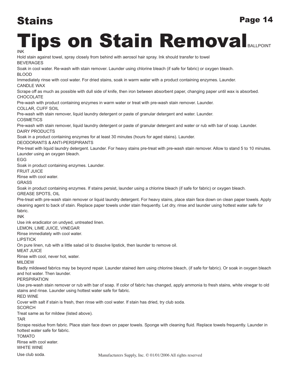 Tips on stain removal, Stains | Majestic Appliances MJ-9900 User Manual | Page 14 / 19