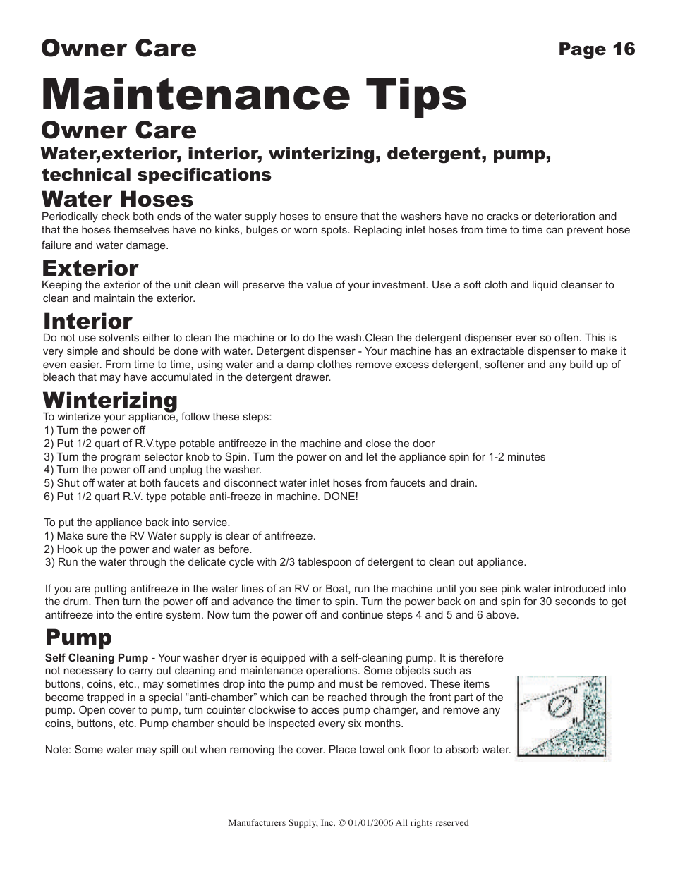 Maintenance tips, Owner care, Water hoses | Exterior, Interior, Winterizing, Pump | Majestic Appliances MJ-9900 User Manual | Page 16 / 19