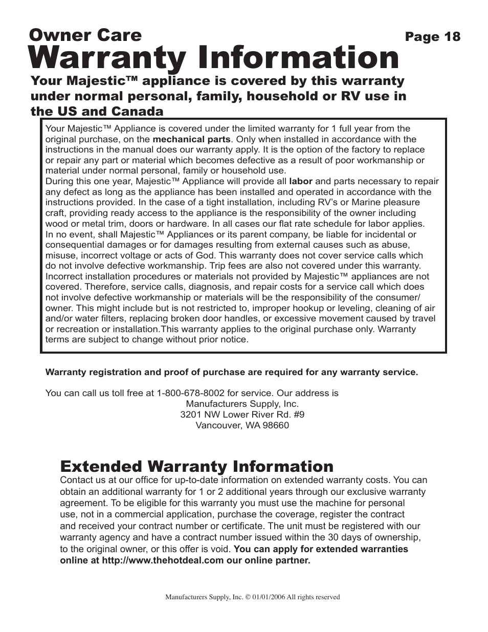 Warranty information, Owner care, Extended warranty information | Majestic Appliances MJ-9900 User Manual | Page 18 / 19