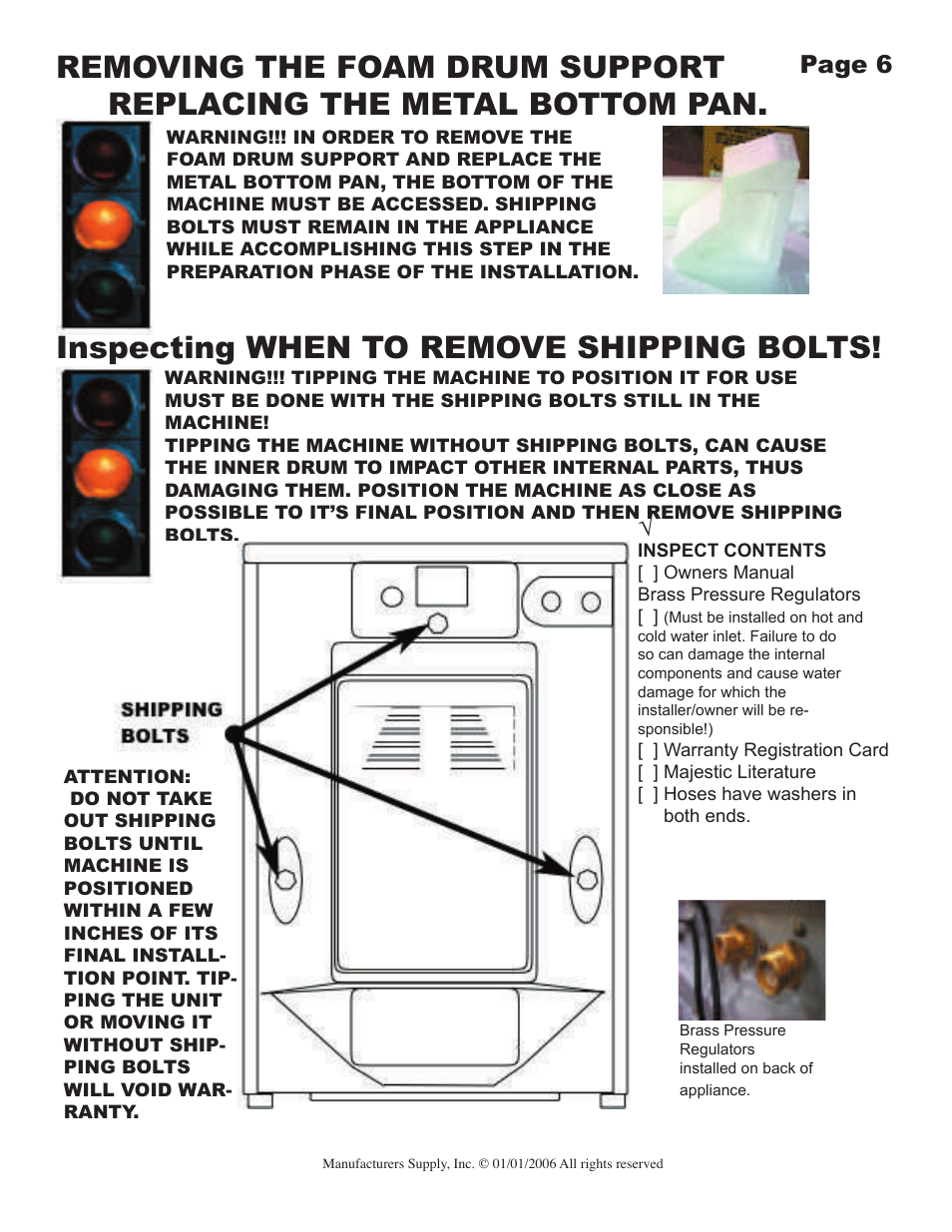 Inspecting, When to remove shipping bolts, Page 6 | Majestic Appliances MJ-9900 User Manual | Page 6 / 19