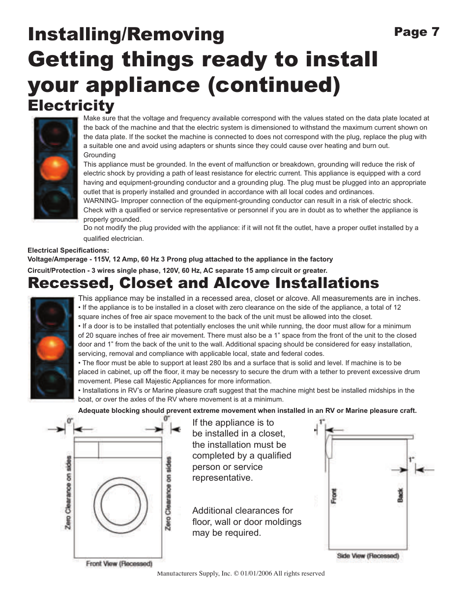 Installing/removing, Electricity, Recessed, closet and alcove installations | Majestic Appliances MJ-9900 User Manual | Page 7 / 19