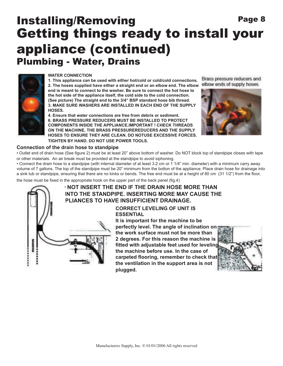 Installing/removing, Plumbing - water, drains | Majestic Appliances MJ-9900 User Manual | Page 8 / 19