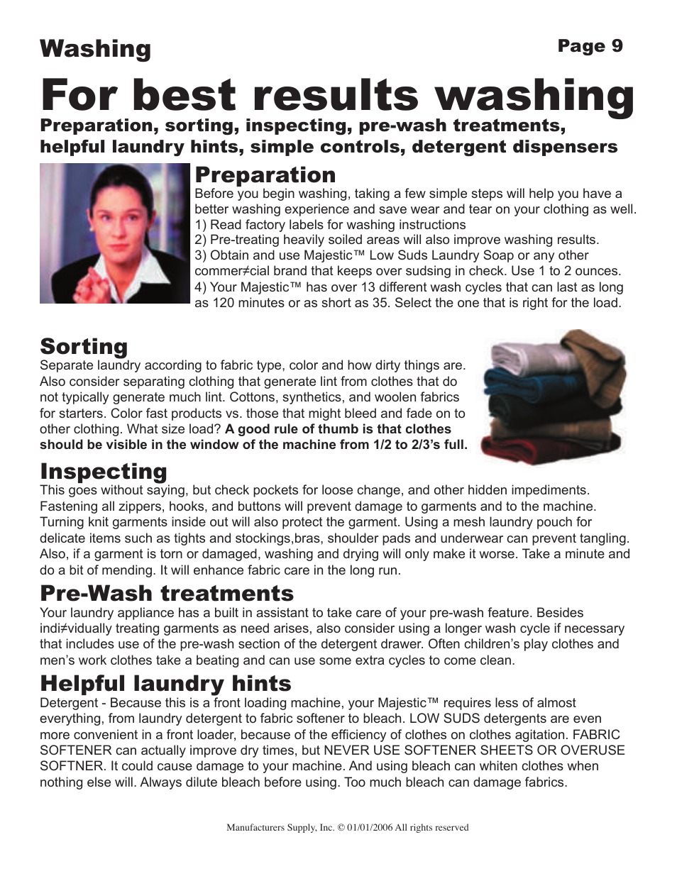 For best results washing, Washing, Preparation | Sorting, Inspecting, Pre-wash treatments, Helpful laundry hints | Majestic Appliances MJ-9900 User Manual | Page 9 / 19