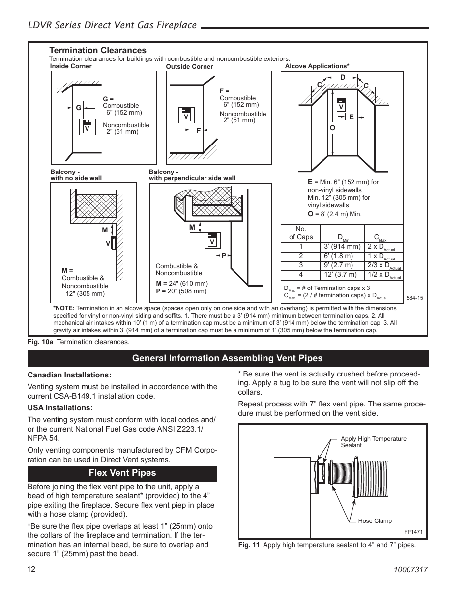 Fp1471 flex vent, Ldvr series direct vent gas fireplace, General information assembling vent pipes | Flex vent pipes, Termination clearances | Majestic Appliances LDVR1 User Manual | Page 12 / 44