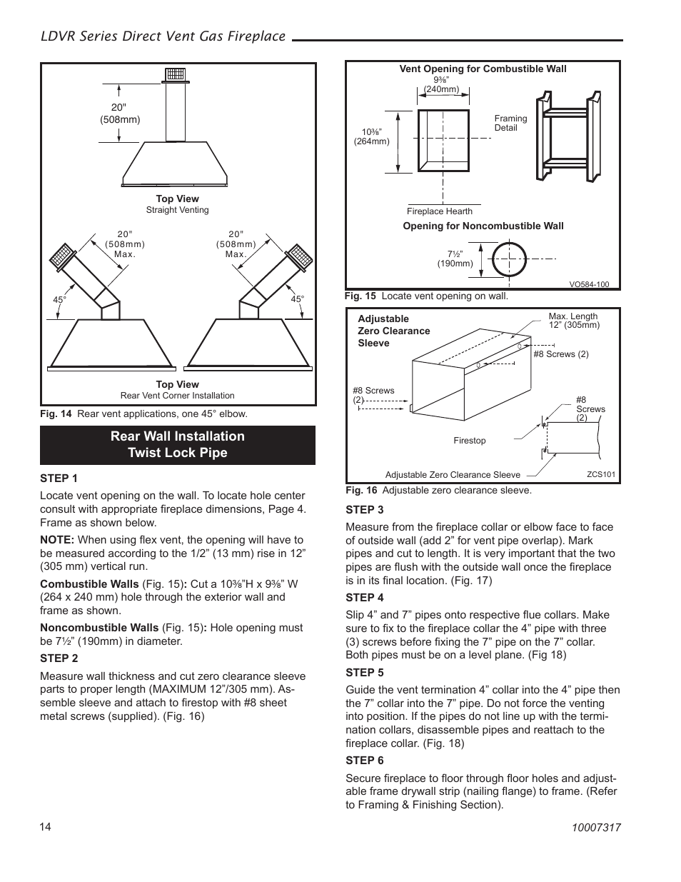Ldvr series direct vent gas fireplace, Rear wall installation twist lock pipe | Majestic Appliances LDVR1 User Manual | Page 14 / 44