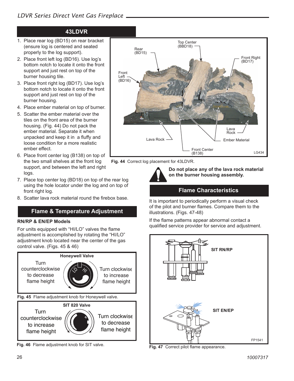 Ldvr series direct vent gas fireplace, 43ldvr, Flame & temperature adjustment | Flame characteristics | Majestic Appliances LDVR1 User Manual | Page 26 / 44
