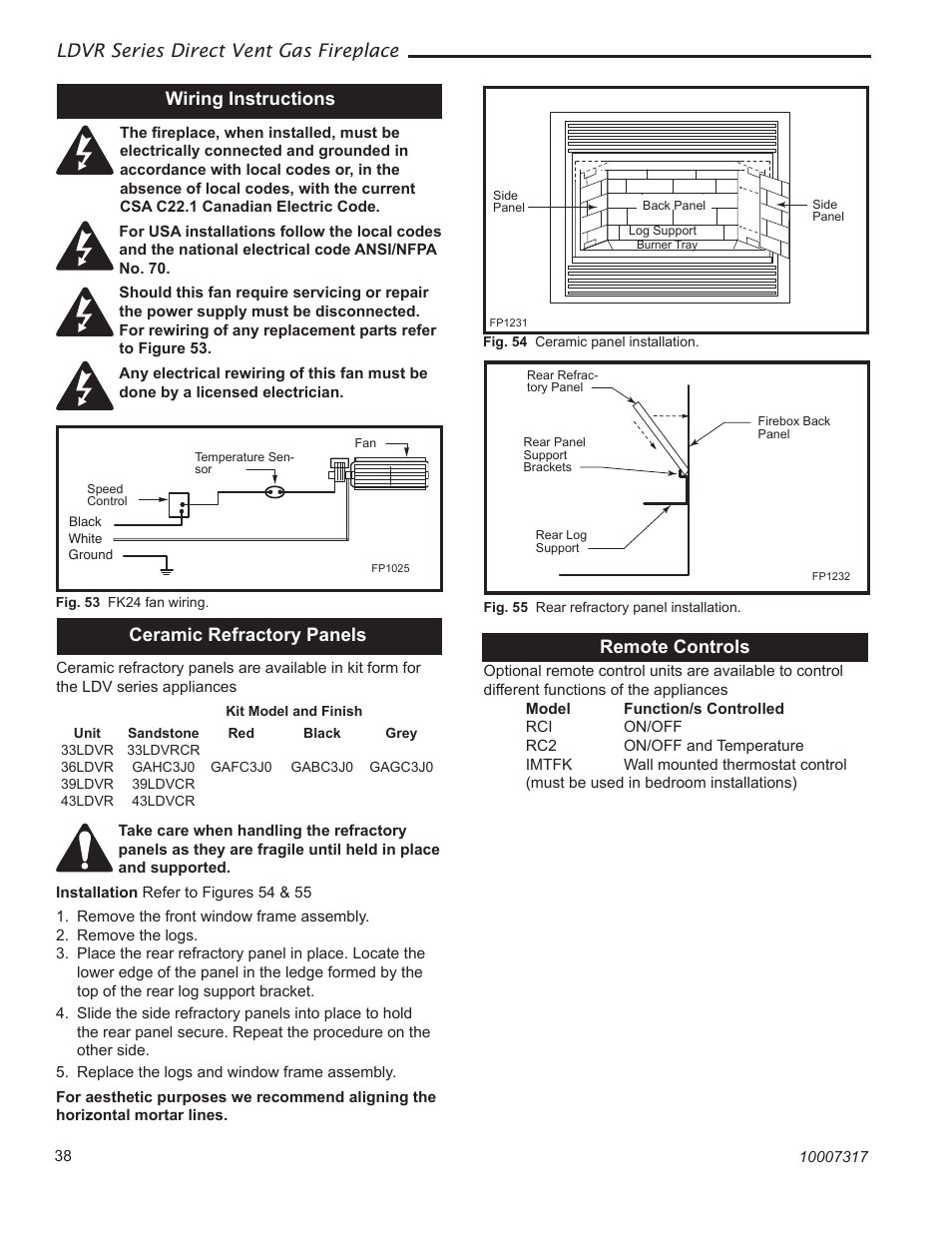Ldvr series direct vent gas fireplace, Ceramic refractory panels, Wiring instructions | Remote controls | Majestic Appliances LDVR1 User Manual | Page 38 / 44
