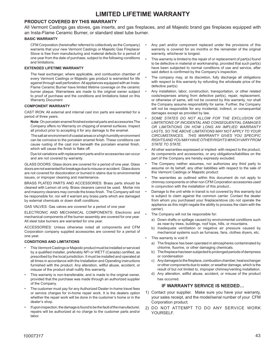 Limited lifetime warranty, Ldvr series direct vent gas fireplace | Majestic Appliances LDVR1 User Manual | Page 43 / 44