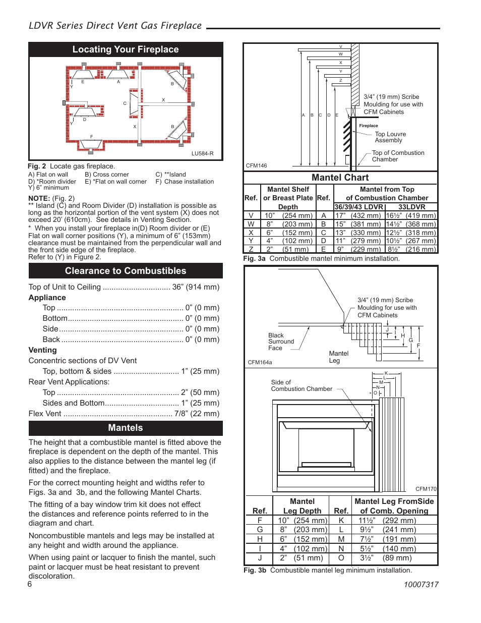 Ldvr series direct vent gas fireplace, Locating your fireplace, Mantels | Clearance to combustibles, Mantel chart | Majestic Appliances LDVR1 User Manual | Page 6 / 44