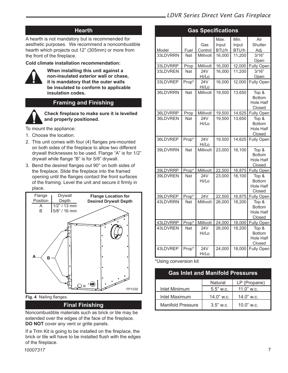 Ldvr series direct vent gas fireplace, Hearth, Final finishing framing and finishing | Gas inlet and manifold pressures, Gas speciﬁcations | Majestic Appliances LDVR1 User Manual | Page 7 / 44