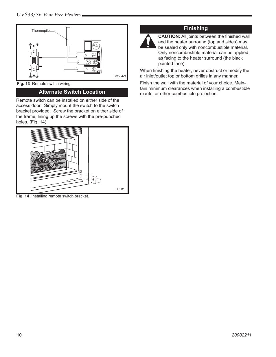 Uvs33/36 vent-free heaters, Alternate switch location, Finishing | Majestic Appliances UVS33RN User Manual | Page 10 / 24