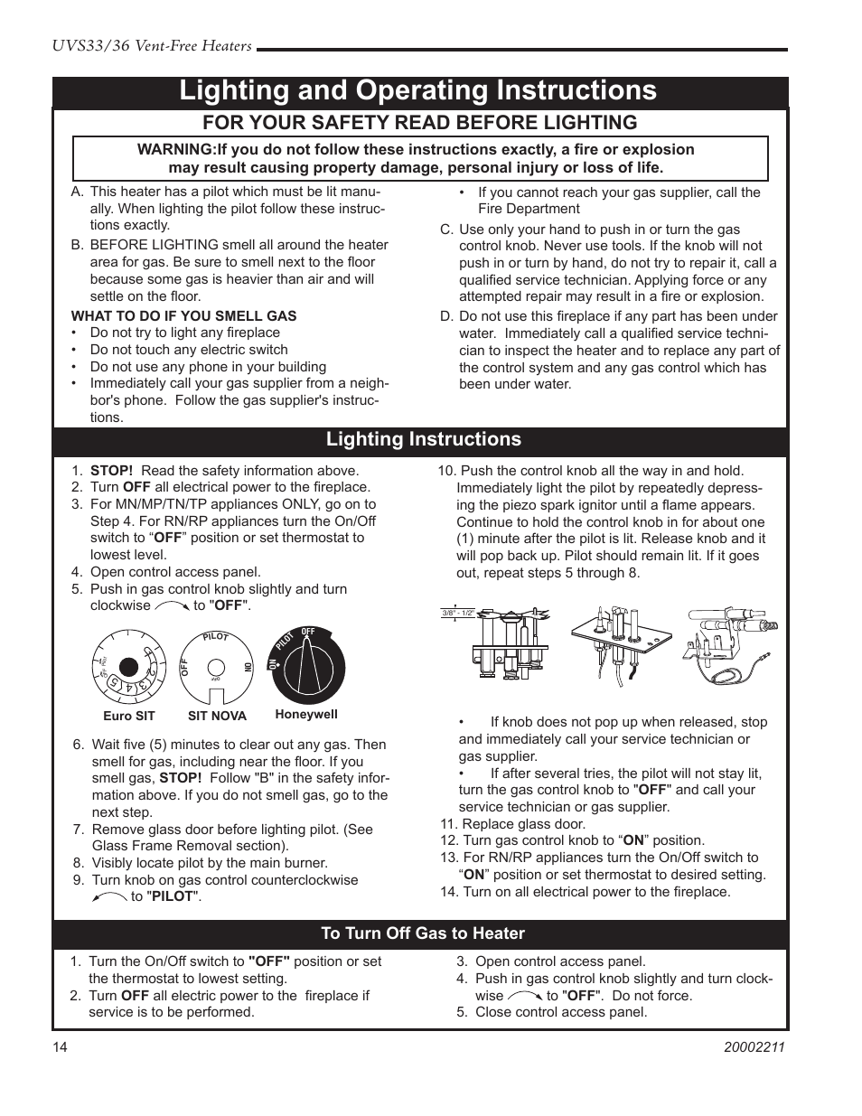 Lighting and operating instructions, For your safety read before lighting, Lighting instructions | Uvs33/36 vent-free heaters | Majestic Appliances UVS33RN User Manual | Page 14 / 24