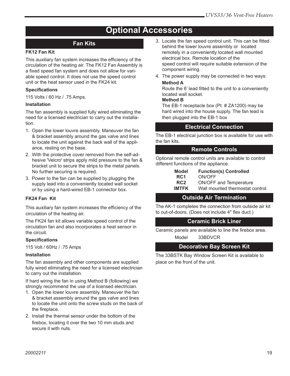 Optional accessories | Majestic Appliances UVS33RN User Manual | Page 19 / 24