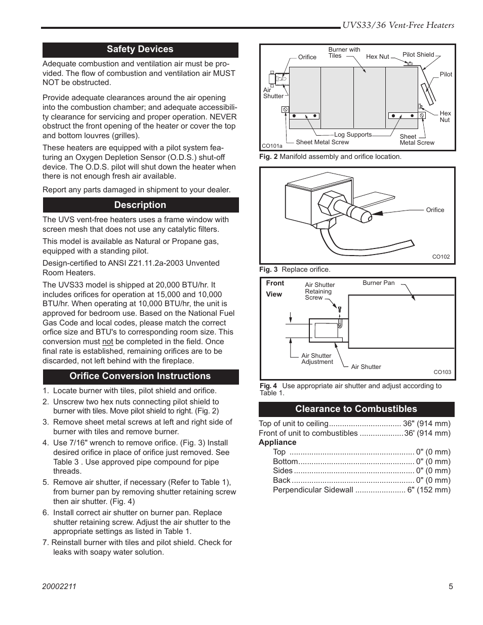 Uvs33/36 vent-free heaters, Clearance to combustibles, Safety devices | Description, Oriﬁce conversion instructions | Majestic Appliances UVS33RN User Manual | Page 5 / 24