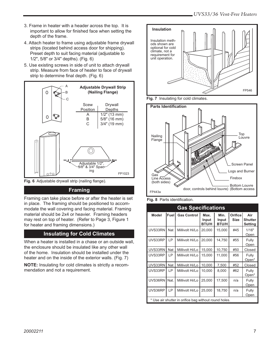Uvs33/36 vent-free heaters, Gas speciﬁcations, Framing | Insulating for cold climates | Majestic Appliances UVS33RN User Manual | Page 7 / 24