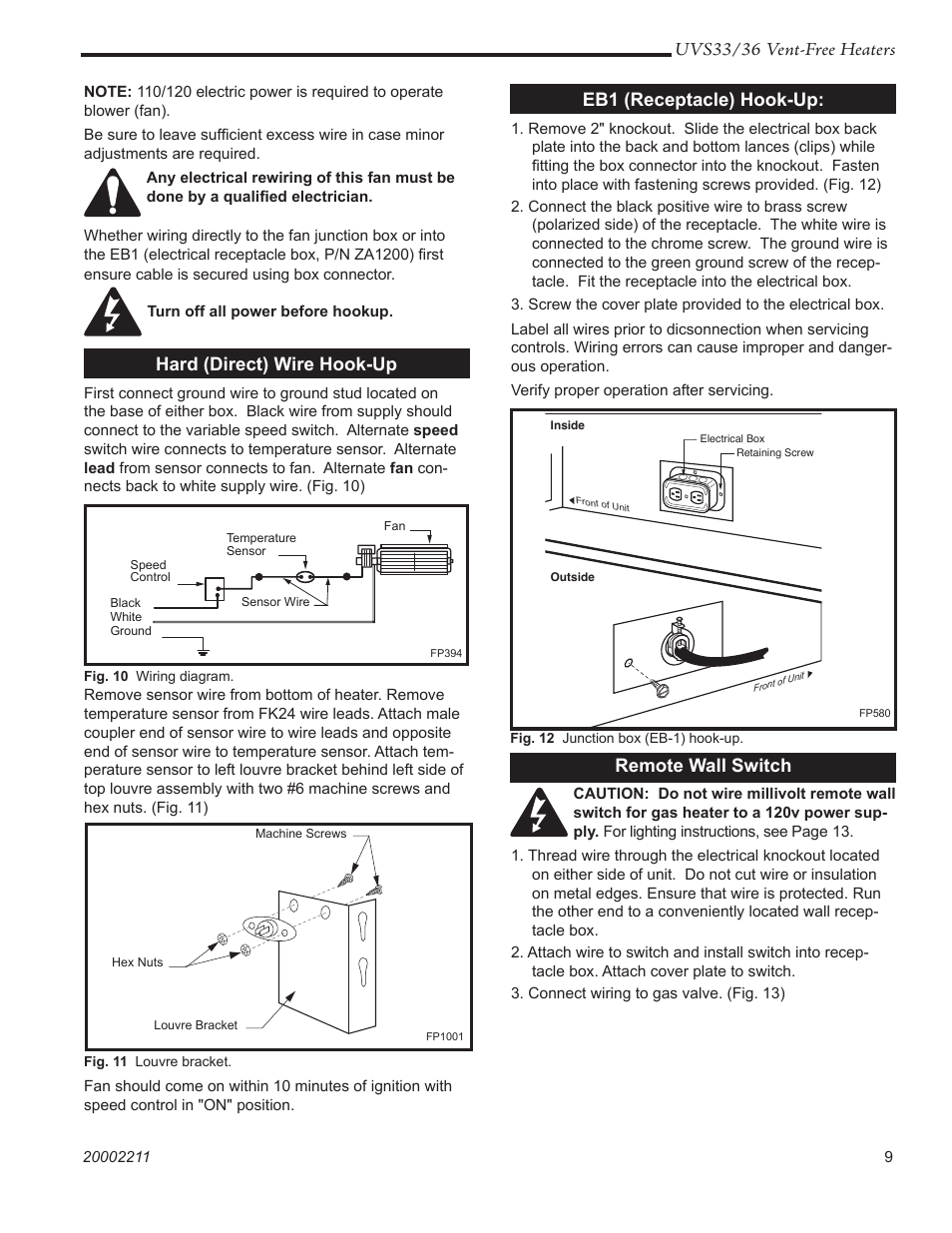 Uvs33/36 vent-free heaters, Hard (direct) wire hook-up, Eb1 (receptacle) hook-up | Remote wall switch | Majestic Appliances UVS33RN User Manual | Page 9 / 24