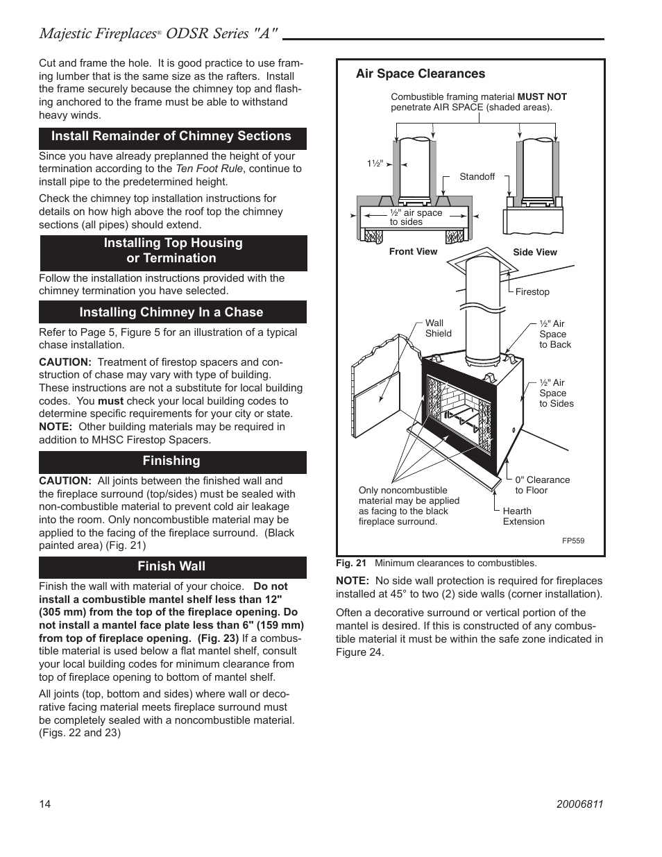 Majestic fireplaces, Odsr series "a, Installing top housing or termination | Installing chimney in a chase, Finishing, Finish wall, Air space clearances | Majestic Appliances Al Fresco Series ODSR42A User Manual | Page 14 / 24