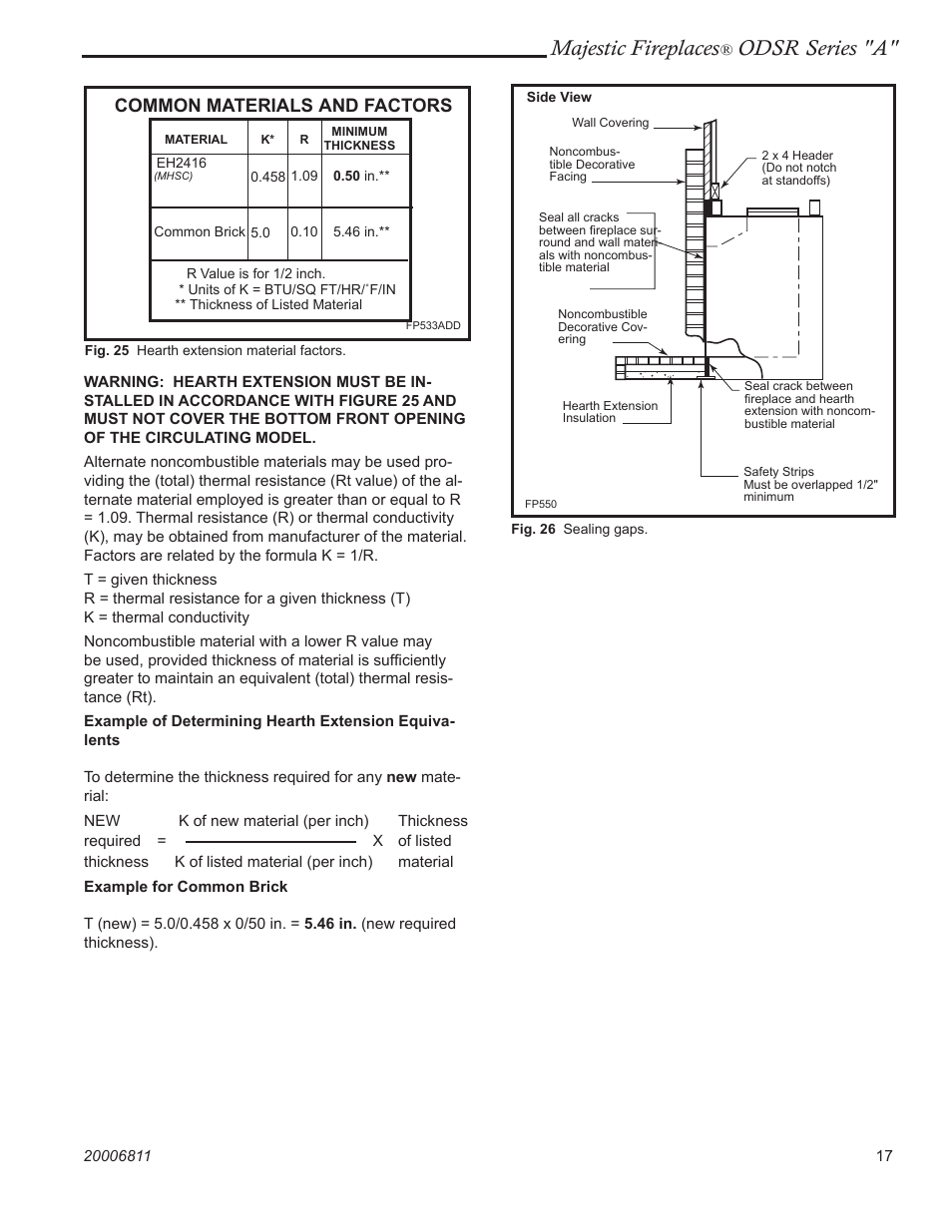 Majestic fireplaces, Odsr series "a, Common materials and factors | Majestic Appliances Al Fresco Series ODSR42A User Manual | Page 17 / 24