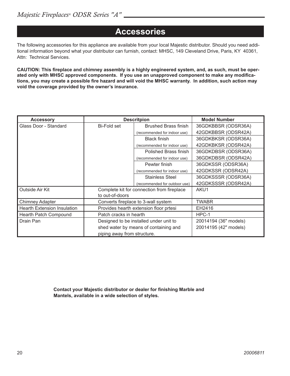 Accessories, Majestic fireplaces, Odsr series "a | Majestic Appliances Al Fresco Series ODSR42A User Manual | Page 20 / 24