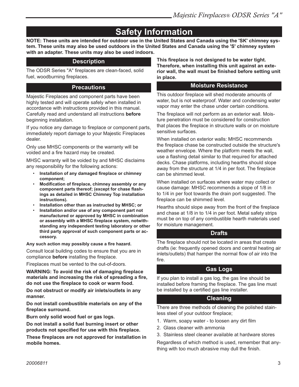 Safety information, Majestic fireplaces, Odsr series "a | Majestic Appliances Al Fresco Series ODSR42A User Manual | Page 3 / 24