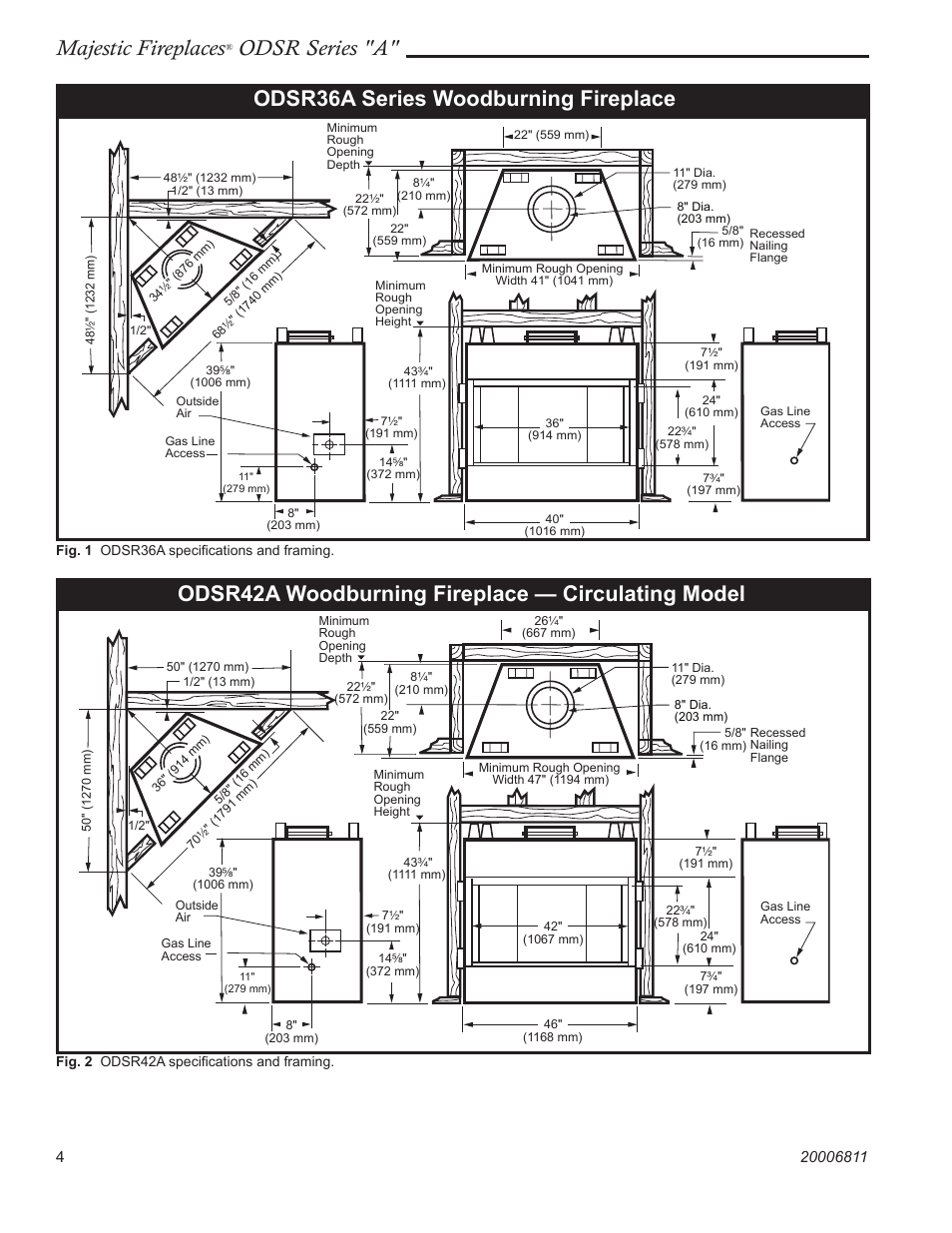 Majestic fireplaces, Odsr series "a, Odsr42a woodburning fireplace — circulating model | Odsr36a series woodburning fireplace | Majestic Appliances Al Fresco Series ODSR42A User Manual | Page 4 / 24