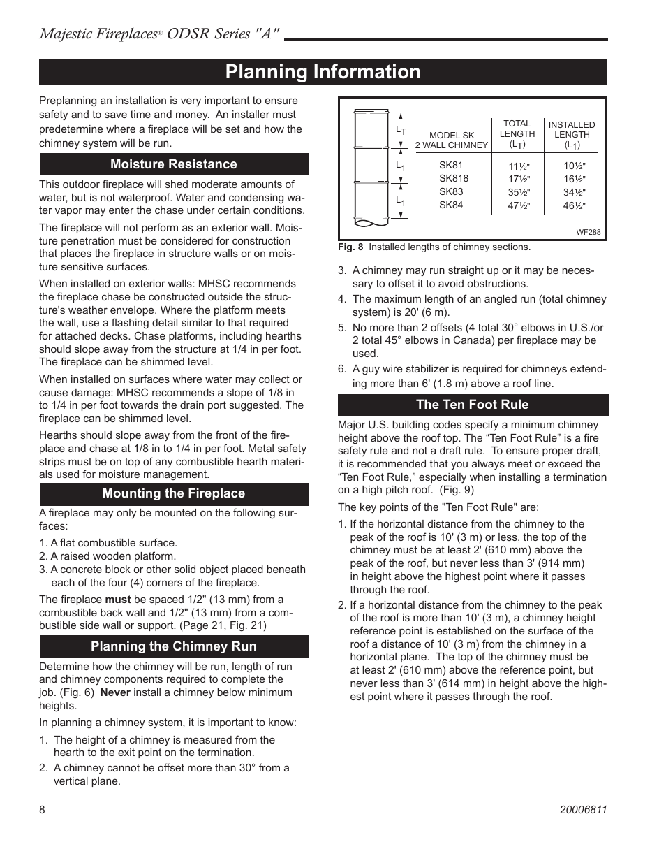 Planning information, Majestic fireplaces, Odsr series "a | Moisture resistance, Mounting the fireplace, Planning the chimney run, The ten foot rule | Majestic Appliances Al Fresco Series ODSR42A User Manual | Page 8 / 24