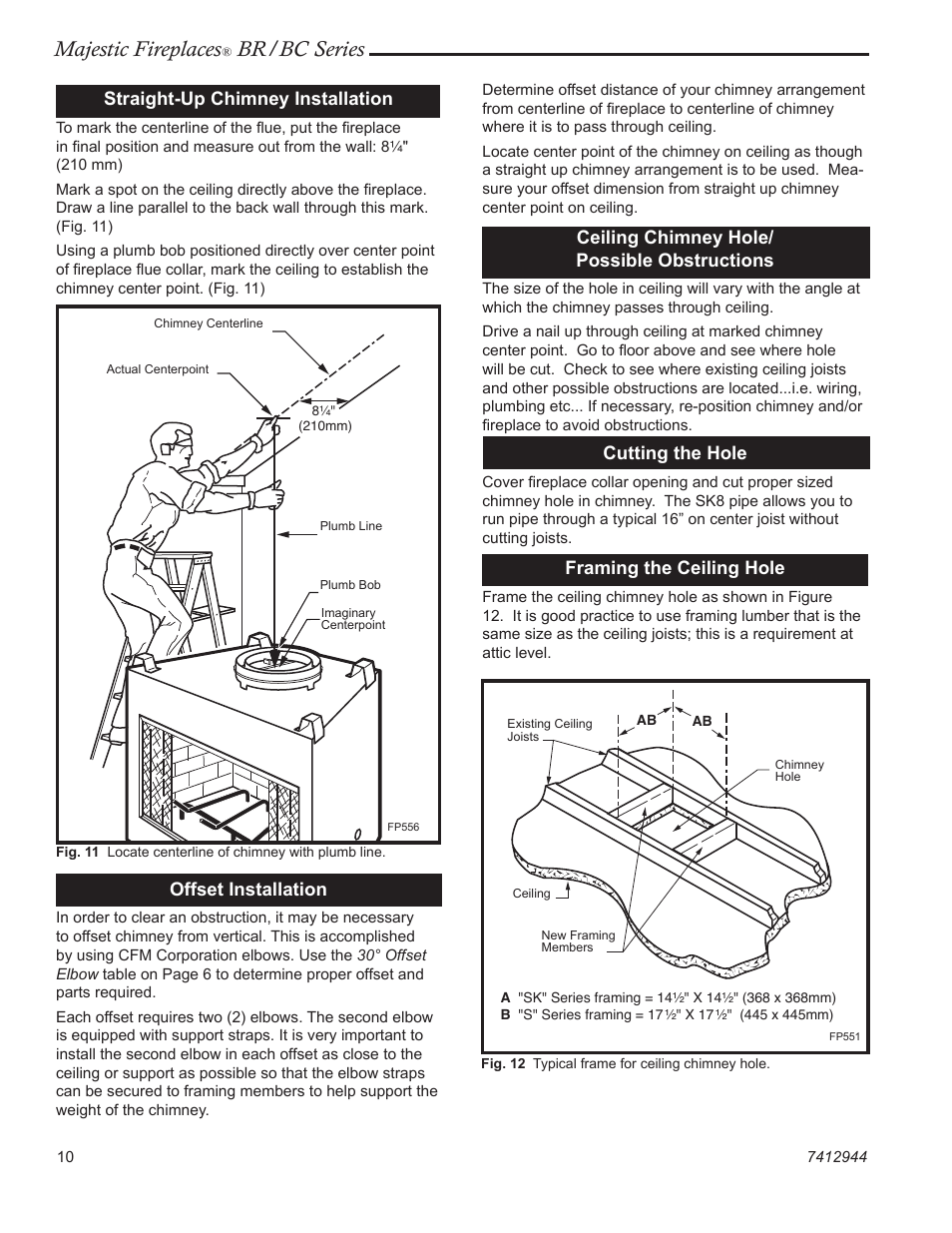 Majestic fireplaces, Br/bc series, Ceiling chimney hole/ possible obstructions | Cutting the hole, Framing the ceiling hole, Offset installation, Straight-up chimney installation | Majestic Appliances BC42 User Manual | Page 10 / 24