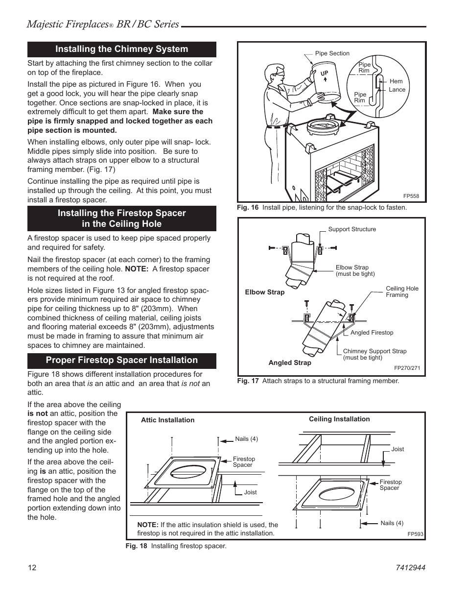 Majestic fireplaces, Br/bc series, Installing the chimney system | Installing the firestop spacer in the ceiling hole, Proper firestop spacer installation | Majestic Appliances BC42 User Manual | Page 12 / 24