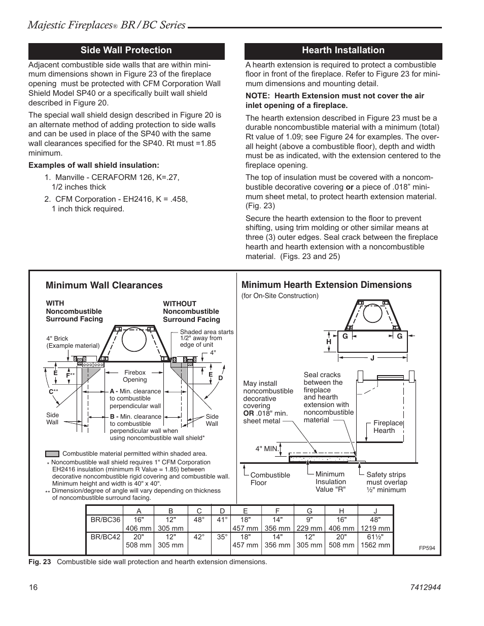 Majestic fireplaces, Br/bc series, Side wall protection | Hearth installation, Minimum wall clearances, Minimum hearth extension dimensions | Majestic Appliances BC42 User Manual | Page 16 / 24