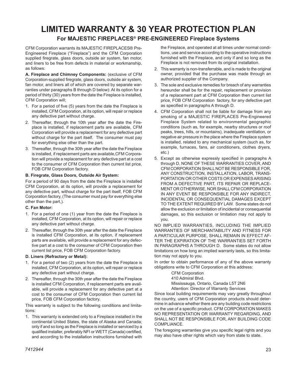 Limited warranty & 30 year protection plan, Majestic fireplaces, Br/bc series | Majestic Appliances BC42 User Manual | Page 23 / 24
