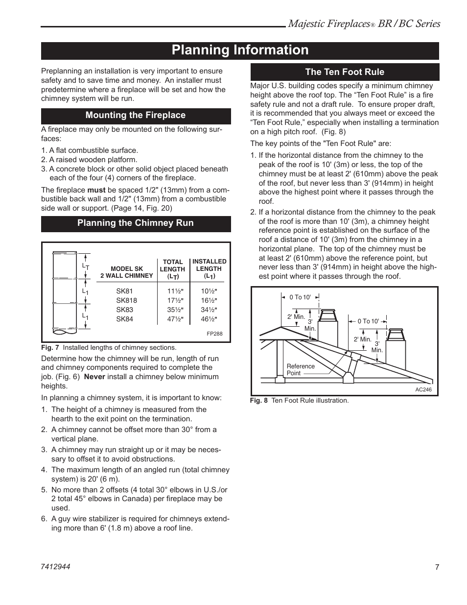 Planning information, Majestic fireplaces, Br/bc series | The ten foot rule, Mounting the fireplace, Planning the chimney run | Majestic Appliances BC42 User Manual | Page 7 / 24