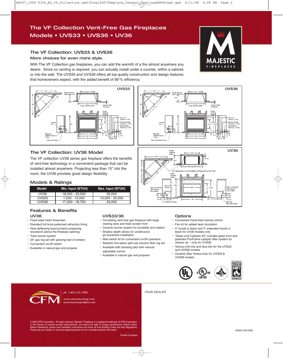 Majestic Appliances VF Collection UVS36 User Manual | Page 2 / 2
